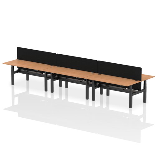 Air Back-to-Back 1800 x 800mm Height Adjustable 6 Person Bench Desk Oak Top with Cable Ports Black Frame with Black Straight Screen