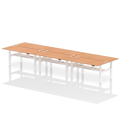 Air Back-to-Back 1800 x 800mm Height Adjustable 6 Person Bench Desk Oak Top with Cable Ports White Frame