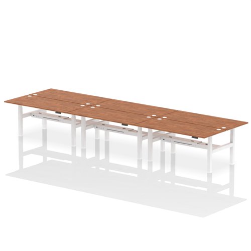 Air Back-to-Back 1800 x 800mm Height Adjustable 6 Person Bench Desk Walnut Top with Cable Ports White Frame