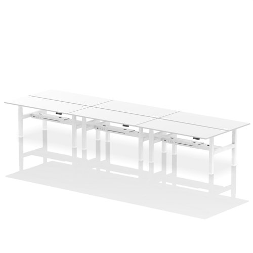 Air Back-to-Back 1800 x 800mm Height Adjustable 6 Person Bench Desk White Top with Cable Ports White Frame