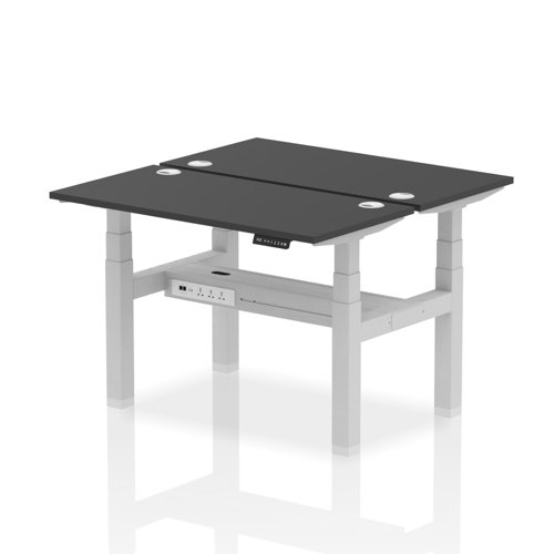 Air Back-to-Back 1200 x 600mm Height Adjustable 2 Person Bench Desk Black Top with Cable Ports Silver Frame