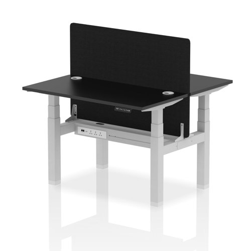 Air Back-to-Back 1200 x 600mm Height Adjustable 2 Person Bench Desk Black Top with Cable Ports Silver Frame with Black Straight Screen