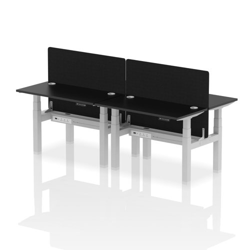 Air Back-to-Back 1200 x 600mm Height Adjustable 4 Person Bench Desk Black Top with Cable Ports Silver Frame with Black Straight Screen