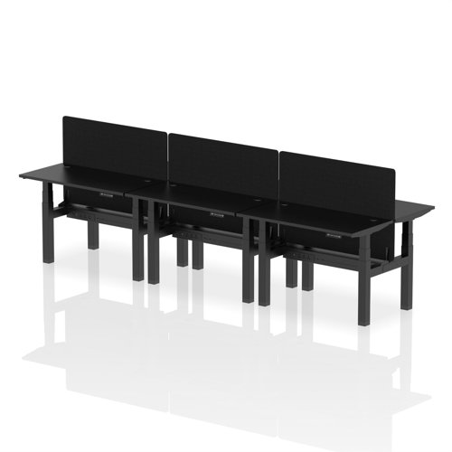 Air Back-to-Back 1200 x 600mm Height Adjustable 6 Person Office Bench Desk Black Top with Cable Ports Black Frame with Black Straight Screen
