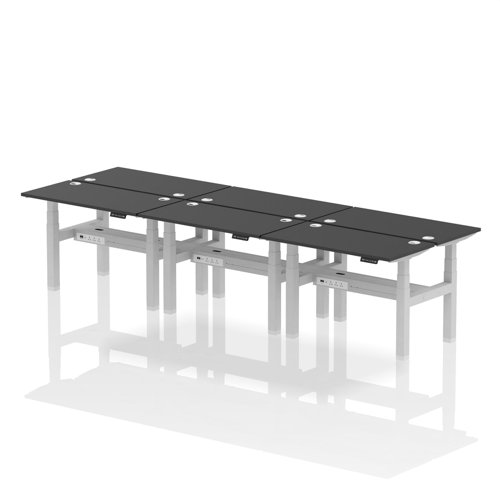 Air Back-to-Back 1200 x 600mm Height Adjustable 6 Person Bench Desk Black Top with Cable Ports Silver Frame