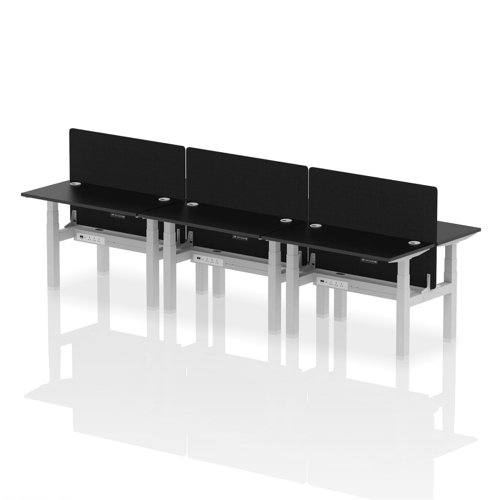 Air Back-to-Back 1200 x 600mm Height Adjustable 6 Person Office Bench Desk Black Top with Cable Ports Silver Frame with Black Straight Screen