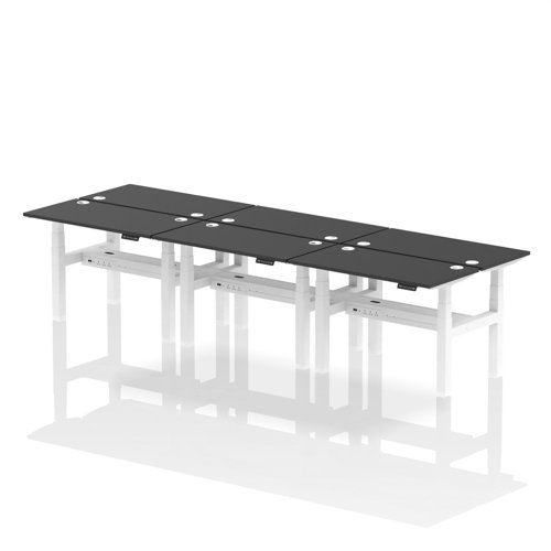 Air Back-to-Back 1200 x 600mm Height Adjustable 6 Person Bench Desk Black Top with Cable Ports White Frame