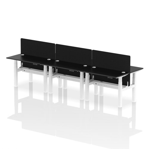 Air Back-to-Back 1200 x 600mm Height Adjustable 6 Person Bench Desk Black Top with Cable Ports White Frame with Black Straight Screen