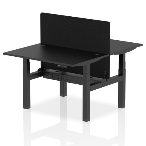 Air Back-to-Back 1200 x 800mm Height Adjustable 2 Person Bench Desk Black Top with Cable Ports Black Frame with Black Straight Screen