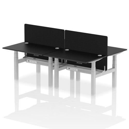 Air Back-to-Back 1200 x 800mm Height Adjustable 4 Person Bench Desk Black Top with Cable Ports Silver Frame with Black Straight Screen