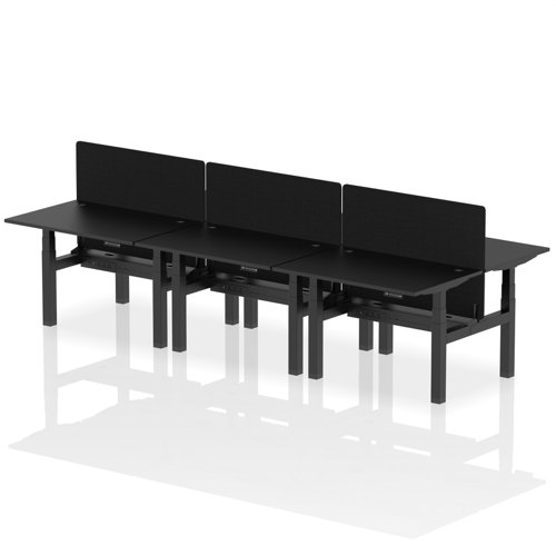 Air Back-to-Back 1200 x 800mm Height Adjustable 6 Person Bench Desk Black Top with Cable Ports Black Frame with Black Straight Screen