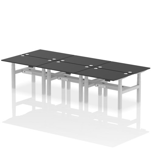 Air Back-to-Back 1200 x 800mm Height Adjustable 6 Person Bench Desk Black Top with Cable Ports Silver Frame