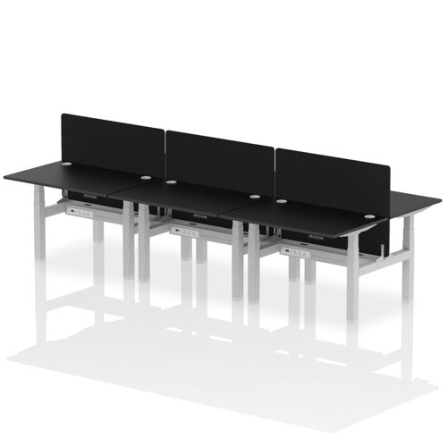 Air Back-to-Back 1200 x 800mm Height Adjustable 6 Person Bench Desk Black Top with Cable Ports Silver Frame with Black Straight Screen