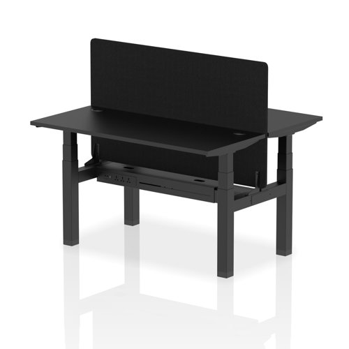 Air Back-to-Back 1400 x 600mm Height Adjustable 2 Person Bench Desk Black Top with Cable Ports Black Frame with Black Straight Screen