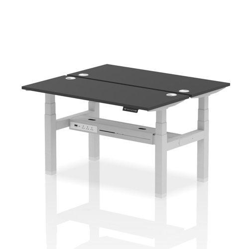 Air Back-to-Back 1400 x 600mm Height Adjustable 2 Person Bench Desk Black Top with Cable Ports Silver Frame