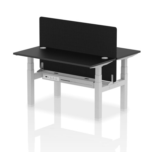 Air Back-to-Back 1400 x 600mm Height Adjustable 2 Person Bench Desk Black Top with Cable Ports Silver Frame with Black Straight Screen