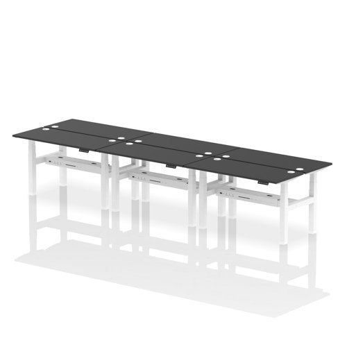 Air Back-to-Back 1400 x 600mm Height Adjustable 6 Person Bench Desk Black Top with Cable Ports White Frame