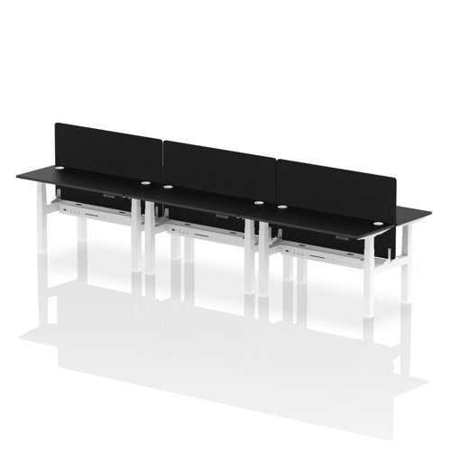 Air Back-to-Back 1400 x 600mm Height Adjustable 6 Person Office Bench Desk Black Top with Cable Ports White Frame with Black Straight Screen