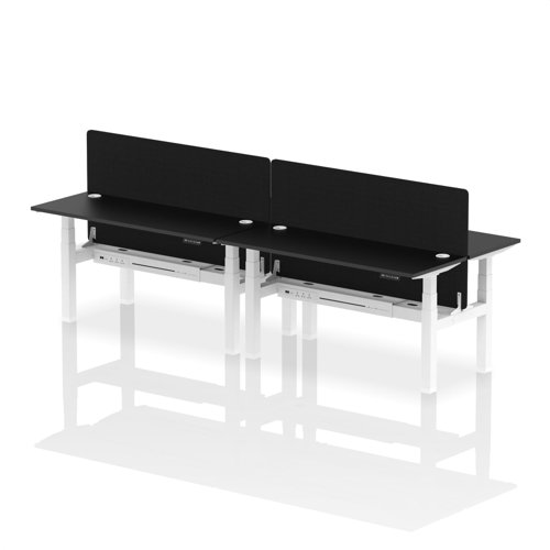 Air Back-to-Back 1600 x 600mm Height Adjustable 4 Person Office Bench Desk Black Top with Cable Ports White Frame with Black Straight Screen