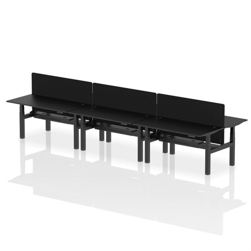 Air Back-to-Back 1600 x 800mm Height Adjustable 6 Person Office Bench Desk Black Top with Cable Ports Black Frame with Black Straight Screen