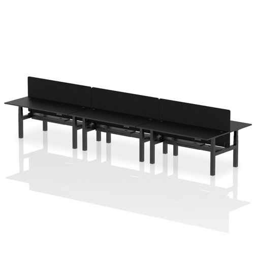Air Back-to-Back 1800 x 800mm Height Adjustable 6 Person Office Bench Desk Black Top with Cable Ports Black Frame with Black Straight Screen
