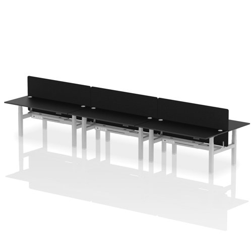 Air Back-to-Back 1800 x 800mm Height Adjustable 6 Person Office Bench Desk Black Top with Cable Ports Silver Frame with Black Straight Screen
