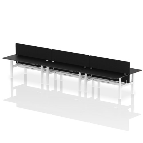 Air Back-to-Back 1800 x 800mm Height Adjustable 6 Person Office Bench Desk Black Top with Cable Ports White Frame with Black Straight Screen