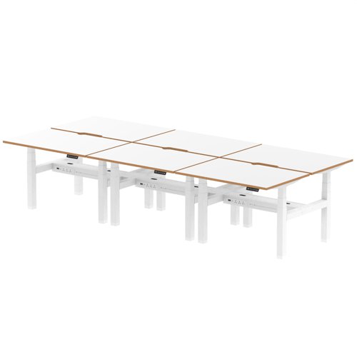 Air Back-to-Back Oslo 1200 x 800mm Height Adjustable B2B 6 Person Bench Desk White Top Natural Wood Edge White Frame