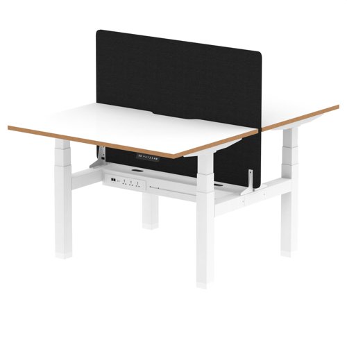 Air Back-to-Back Oslo 1200 x 800mm Height Adjustable B2B 2 Person Bench Desk White Top Natural Wood Edge White Frame with Black Straight Screen