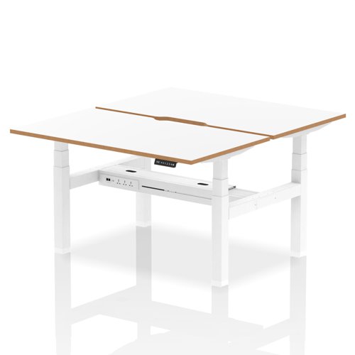 Air Back-to-Back Oslo 1400 x 800mm Height Adjustable B2B 2 Person Bench Desk White Top Natural Wood Edge White Frame