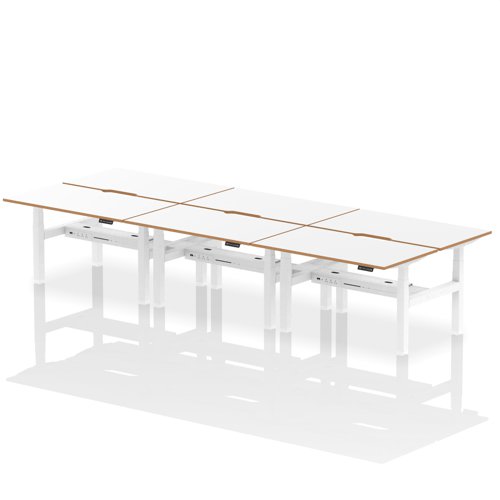 Air Back-to-Back Oslo 1400 x 800mm Height Adjustable B2B 6 Person Bench Desk White Top Natural Wood Edge White Frame