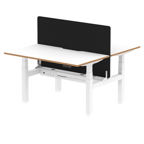 Air Back-to-Back Oslo 1400 x 800mm Height Adjustable B2B 2 Person Bench Desk White Top Natural Wood Edge White Frame with Black Straight Screen