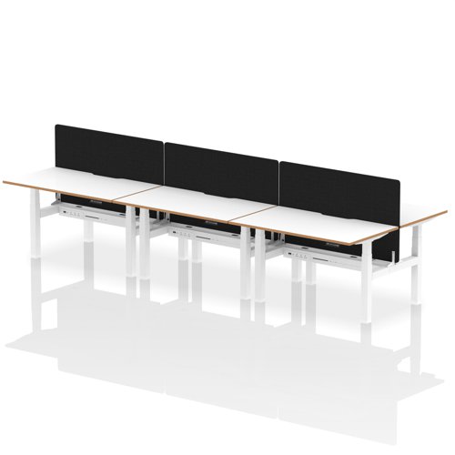 Air Back-to-Back Oslo 1400 x 800mm Height Adjustable B2B 6 Person Bench Desk White Top Natural Wood Edge White Frame with Black Straight Screen