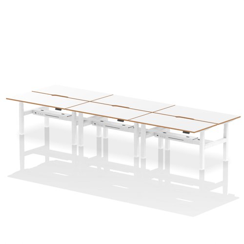 Air Back-to-Back Oslo 1600 x 800mm Height Adjustable B2B 6 Person Bench Desk White Top Natural Wood Edge White Frame