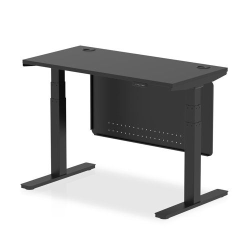 Air Modesty 1200 x 600mm Height Adjustable Office Desk Black Top Cable Ports Black Leg With Black Steel Modesty Panel