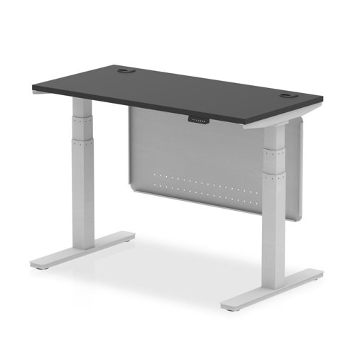 Air Modesty 1200 x 600mm Height Adjustable Office Desk Black Top Cable Ports Silver Leg With Silver Steel Modesty Panel