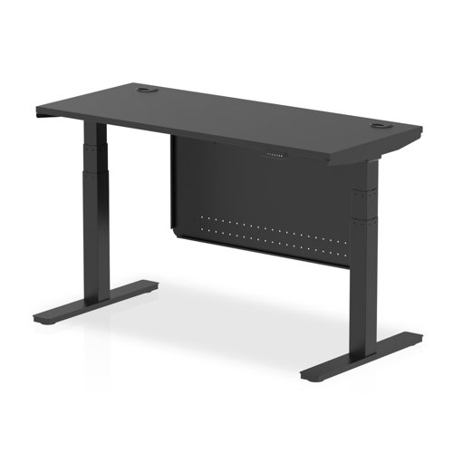 Air Modesty 1400 x 600mm Height Adjustable Office Desk Black Top Cable Ports Black Leg With Black Steel Modesty Panel