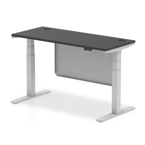 Air Modesty 1400 x 600mm Height Adjustable Office Desk Black Top Cable Ports Silver Leg With Silver Steel Modesty Panel