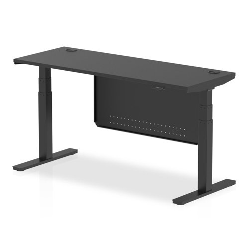 Air Modesty 1600 x 600mm Height Adjustable Office Desk Black Top Cable Ports Black Leg With Black Steel Modesty Panel