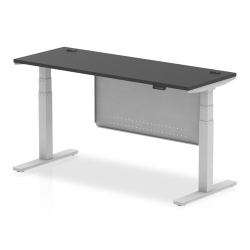 Air Modesty 1600 x 600mm Height Adjustable Office Desk Black Top Cable Ports Silver Leg With Silver Steel Modesty Panel