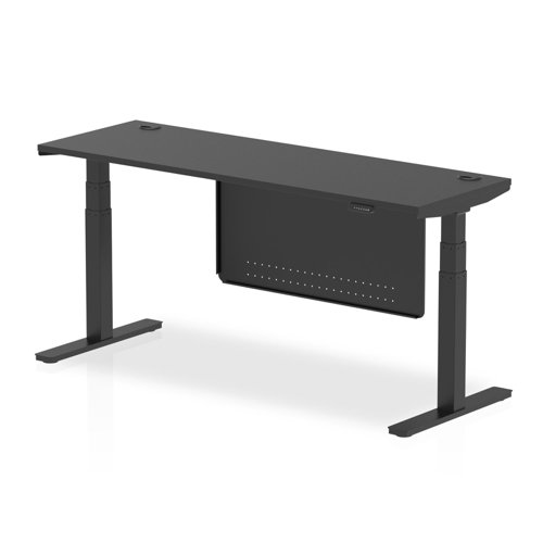 Air Modesty 1800 x 600mm Height Adjustable Office Desk Black Top Cable Ports Black Leg With Black Steel Modesty Panel