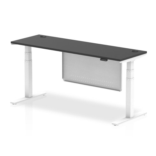 Air Modesty 1800 x 600mm Height Adjustable Office Desk Black Top Cable Ports White Leg With White Steel Modesty Panel