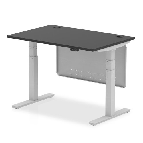 Air Modesty 1200 x 800mm Height Adjustable Office Desk Black Top Cable Ports Silver Leg With Silver Steel Modesty Panel