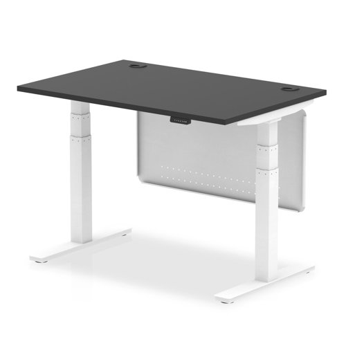 Air Modesty 1200 x 800mm Height Adjustable Office Desk Black Top Cable Ports White Leg With White Steel Modesty Panel