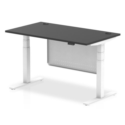 Air Modesty 1400 x 800mm Height Adjustable Office Desk Black Top Cable Ports White Leg With White Steel Modesty Panel