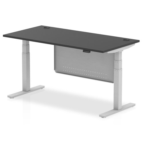 Air Modesty 1600 x 800mm Height Adjustable Office Desk Black Top Cable Ports Silver Leg With Silver Steel Modesty Panel