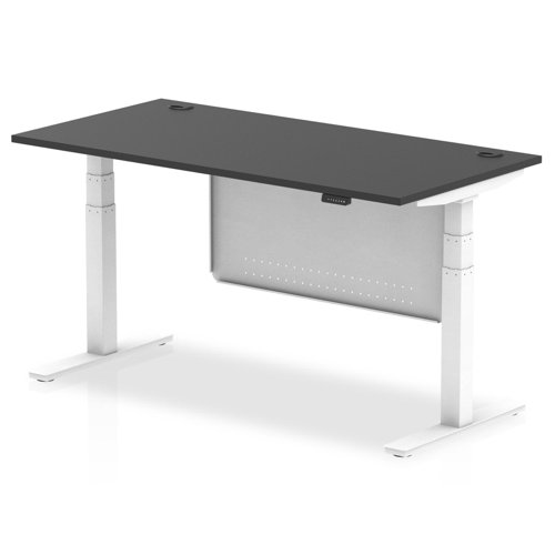 Air Modesty 1600 x 800mm Height Adjustable Office Desk Black Top Cable Ports White Leg With White Steel Modesty Panel