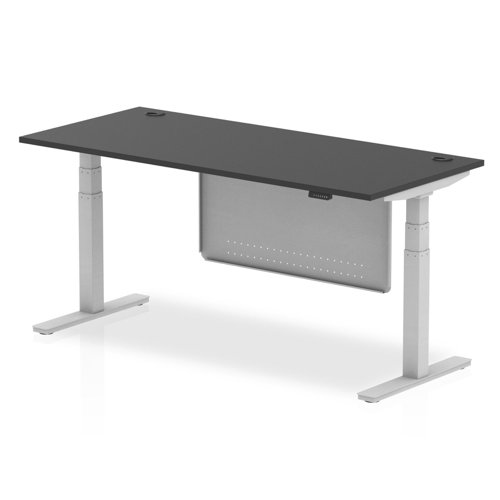 Air Modesty 1800 x 800mm Height Adjustable Office Desk Black Top Cable Ports Silver Leg With Silver Steel Modesty Panel