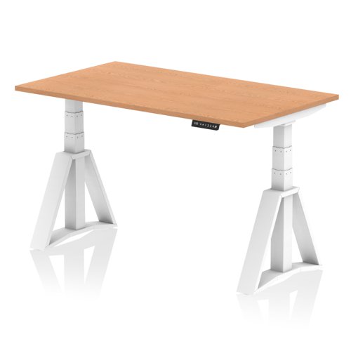 Air 1400 x 800mm Height Adjustable Office Desk Oak Top White Leg with Piste Foot