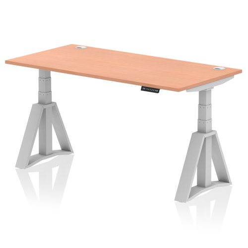 Air 1600 x 800mm Height Adjustable Office Desk Beech Top Cable Ports Silver Leg with Piste Foot